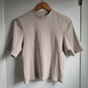 Boden Mock Neck Brown White Striped Tee Cotton Stretch Size 14